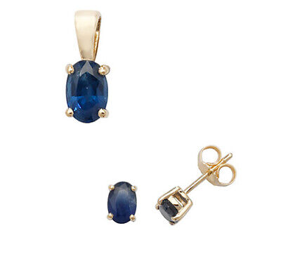 Sapphire Pendant and Earrings Set Oval Solitaire 9ct Yellow Gold Hallmarked