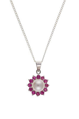 Ruby and Pearl Set Solid Sterling Silver Pendant and Stud Earrings