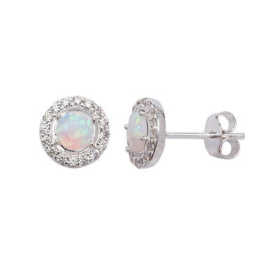 Opal Halo Stud Earrings Sterling Silver Rhodium Plate British Made 925 Hallmark