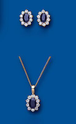 Gold Sapphire Pendant & Earrings Set Solid Yellow Gold Cluster Hallmarked