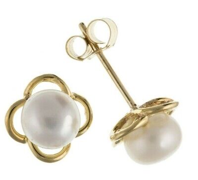 9ct Gold Pearl Flower Stud Earrings Freshwater Bridal Jewellery Wedding Hallmark