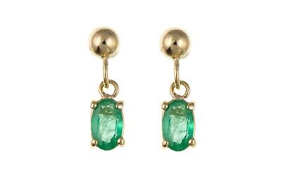 9ct Yellow Gold Emerald Drop Earrings Oval Drops Hallmarked May Birthstone