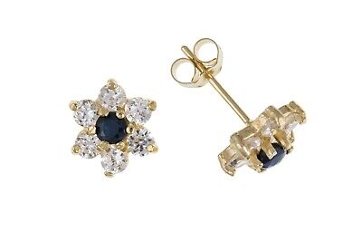 9ct Gold Sapphire Cluster Earrings Flower Studs Yellow Gold September Birthstone