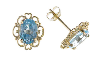 9ct Gold Blue Topaz Earrings Yellow Gold Oval Solitaire November Birthstone