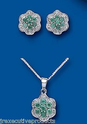 Diamond and Emerald Pendant and Earrings Set Solid Sterling Silver