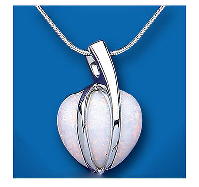 Large Opal Heart Pendant Solid Sterling Silver 18" Snake Chain 925 hallmark