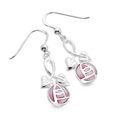 Mackintosh Rose and Leaf Earrings Pink Mother of Pearl Drops 925 Sterling Silver