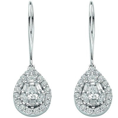 18ct White Gold Diamond Pear Drop Earrings 34mm Halo Cluster Hook Bridal