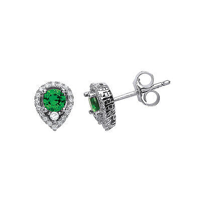 Emerald Earrings Solid Silver Stud Platinum Plated Sterling Silver Studs Pear