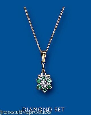 Emerald and Diamond Pendant 9ct Yellow Gold Cluster Necklace 16-18" Real Stone