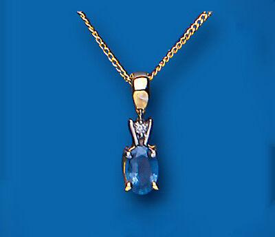 Kanchan Sapphire Solitaire and Diamond Pendant Solid 9ct Yellow Gold 16-18"