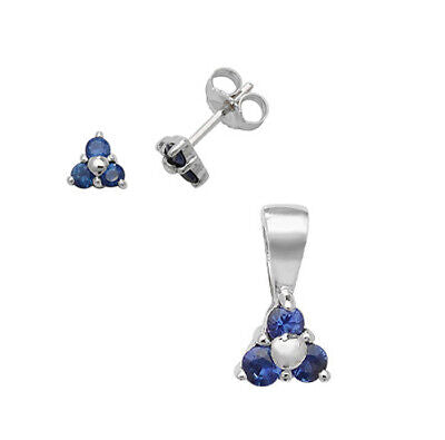 Sapphire Pendant and Earrings Set Three Stone Trilogy 9ct White Gold Hallmarked