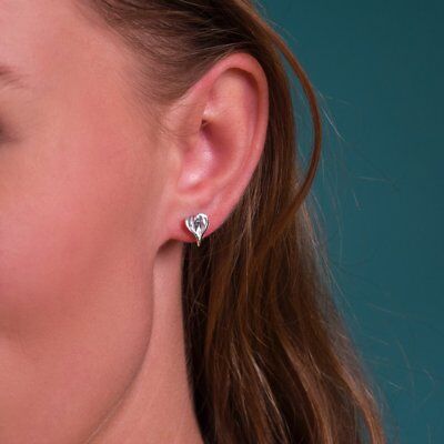 Leaf Heart Stud Earrings Sterling Silver 925 Hallmarked Studs