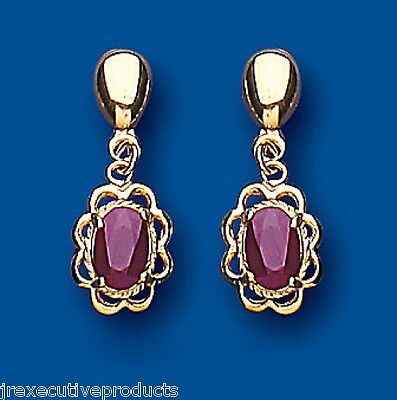 9ct Yellow Gold Ruby Drop Earrings Oval Drops Hallmark July Birthstone