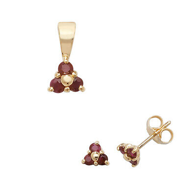 Ruby Pendant and Earrings Set Three Stone Trilogy 9ct Yellow Gold Hallmarked