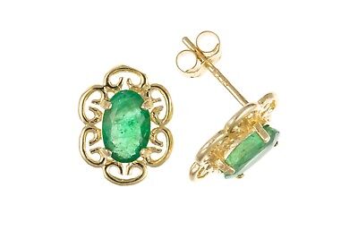 9ct Gold Emerald Stud Earrings Yellow Gold Filigree May Birthstone Hallmark