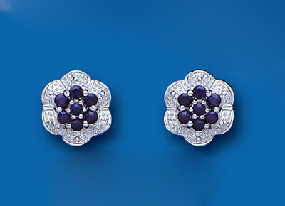 Sapphire Earrings Diamond Stud Sterling Silver Studs Natural Sapphire & Diamond