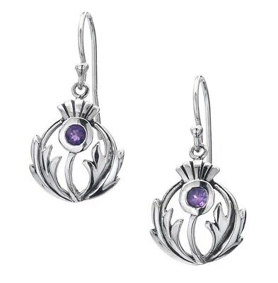 Amethyst Scottish Thistle Drop Earrings Solid Sterling Silver Drops 925 Stamp