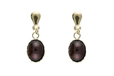 9ct Yellow Gold Garnet Drop Earrings Cabachon Drops Hallmark January Birthstone