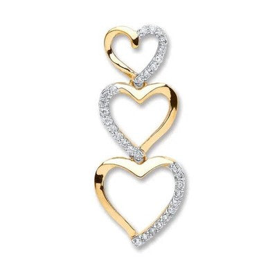 Diamond Three Heart Pendant 9ct Yellow Gold 18" Chain 0.15ctw Real Diamonds
