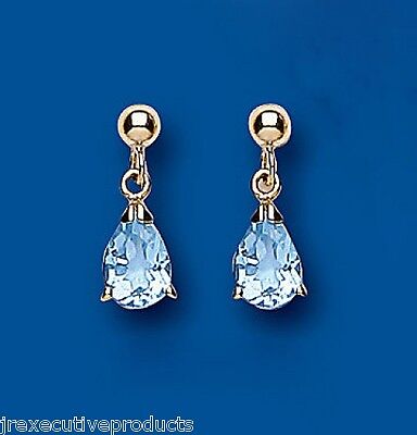 9ct Yellow Gold Blue Topaz Drop Earrings Teardrop Hallmark November Birthstone