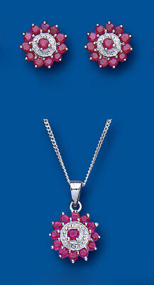 Ruby and Diamond Set Solid Sterling Silver Pendant and Stud Earrings