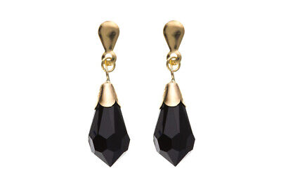 9ct Yellow Gold Black Crystal Drop Earrings Teardrop Hallmarked British Made