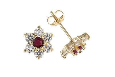 Real Ruby Cluster Stud Earrings 9ct Yellow Gold Studs Hallmarked