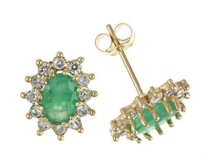 9ct Gold Emerald Stud Earrings Oval Cluster Studs May Birthstone Hallmark