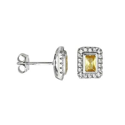 Emerald Cut Citrine Earrings Sterling Silver Stud British Made 925 Hallmark
