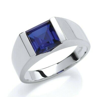 Gents Sapphire Solitaire Ring Solid Sterling Silver Rhodium Finish Size T - Y