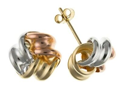 9ct Three Colour Knot Stud Earrings Solid Yellow Rose White Gold 7mm Studs