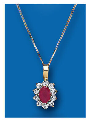 Yellow Gold Ruby Pendant Cluster Necklace Hallmarked 18" Chain British Made