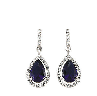 Sapphire Earrings Cluster Drop Sterling Silver Platinum Plated Drops