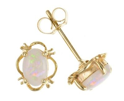9ct Gold Opal Oval Earrings Yellow Gold Solitaire Stud October Birthstone