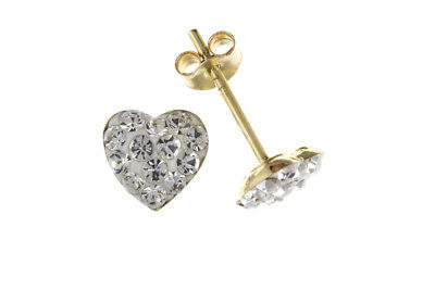 9ct Gold Crystal Heart Stud Earrings Yellow Gold Love Studs Hallmarked