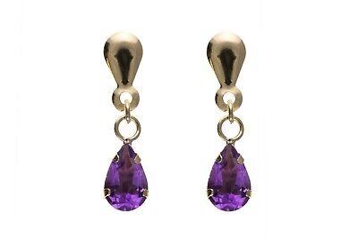9ct Yellow Gold Amethyst Drop Earrings Pear Drops Hallmark February Birthstone