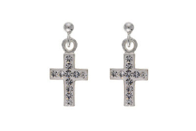 Silver Cross Drop Earrings Austrian Crystal Drops Dangly
