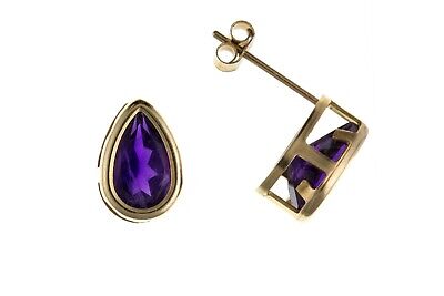 9ct Gold Amethyst Pear Stud Earrings Yellow Gold Solitaire February Birthstone