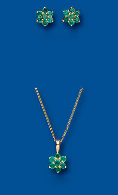 Emerald Pendant & Earrings Set Cluster Solid Yellow Gold Hallmarked