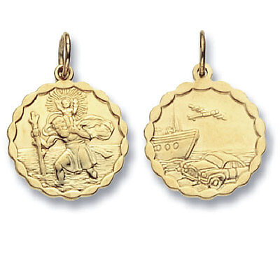 Yellow Gold St. Christopher Pendant Hallmarked British Made 19mm Scalloped Edge