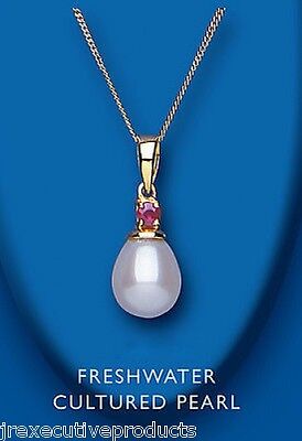 Ruby and Pearl Pendant Yellow Gold Necklace 18" Chain Hallmarked British Made