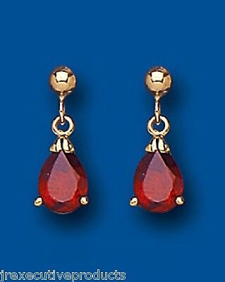 9ct Yellow Gold Garnet Drop Earrings Pear Drops Hallmark January Birthstone