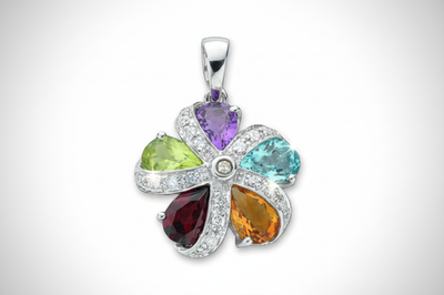 Multicolour Gemstone Flower Pendant Natural Diamond White Gold 18" Chain