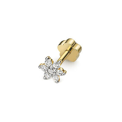 Diamond Flower Cartilage Stud Ear Yellow Gold Real Diamonds 0.09ctw