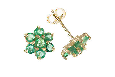 9ct Gold Emerald Cluster Stud Earrings Yellow Gold May Birthstone Hallmark