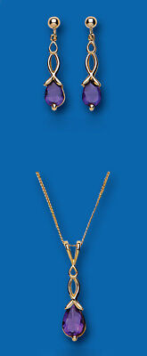 Gold Amethyst Pendant and Earrings Set Yellow Gold Solid Hallmarked