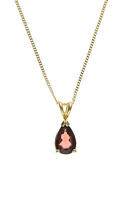 Yellow Gold Garnet Pendant Pear Solitaire 18" Chain Hallmarked British Made