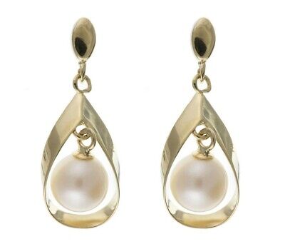 9ct Yellow Gold Pearl Drop Earrings Freshwater Cultured Hallmark Wedding Bridal