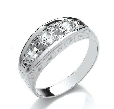 Gents Three Stone Gipsy Ring Solid Sterling Silver Hallmarked Size T - Y